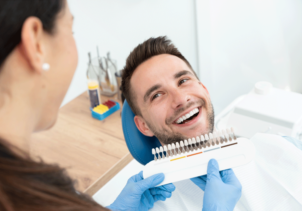 Patient deciding on a shade for his teeth whitening procedure.